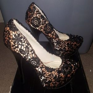 Rose Gold and Black lace stiletto platform heels